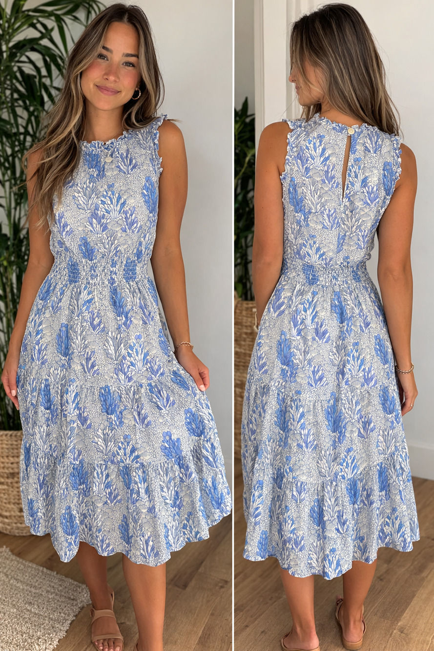 Roller Rabbit Blue Floral Dress Medium Smocked Waist Ruffle Neck Cottagecore
